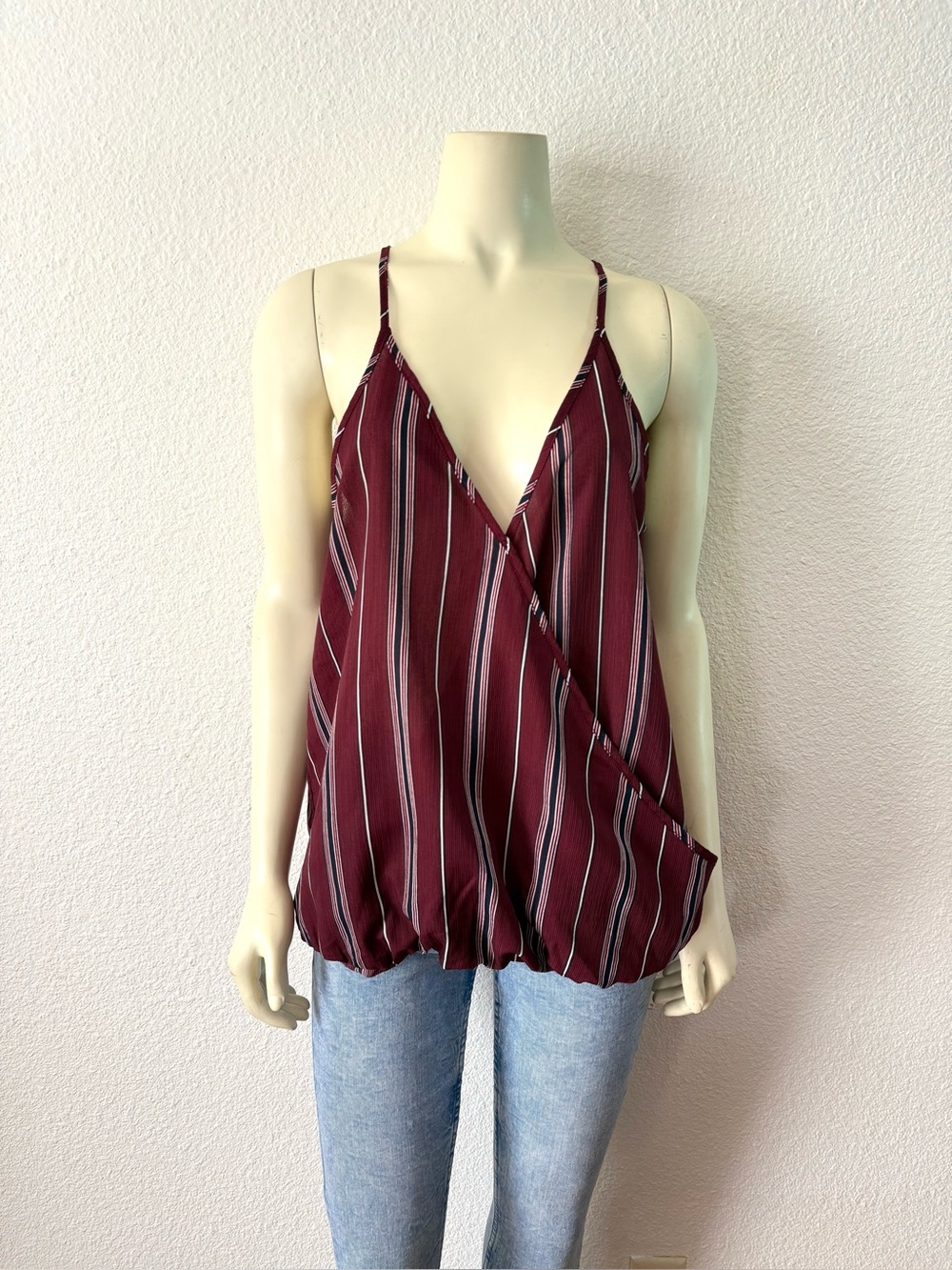 Daytrip Maroon Striped Wrap Camisole Top Crossover Surplice V-Neck Tank Chiffon